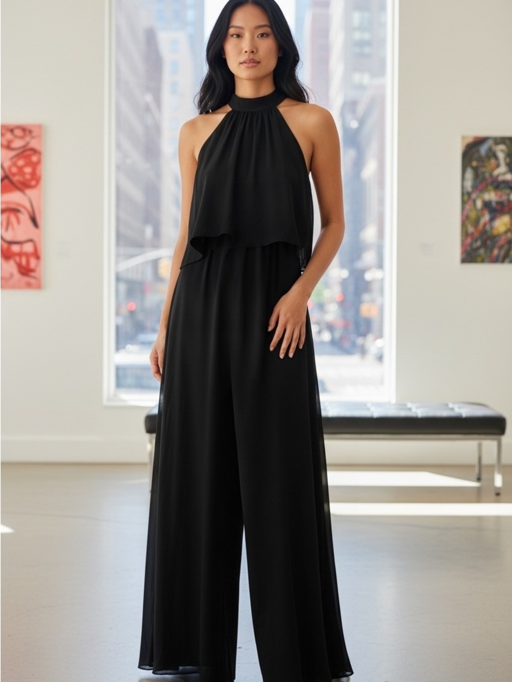Halara Women’s Black Halter Neck Layered Wide Leg Jumpsuit Size Medium NWT